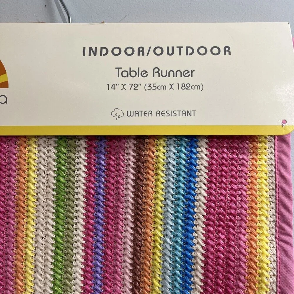 C&C California Table Runner Rainbow Woven Braided Pink Trim Indoor Outdoor 14x72